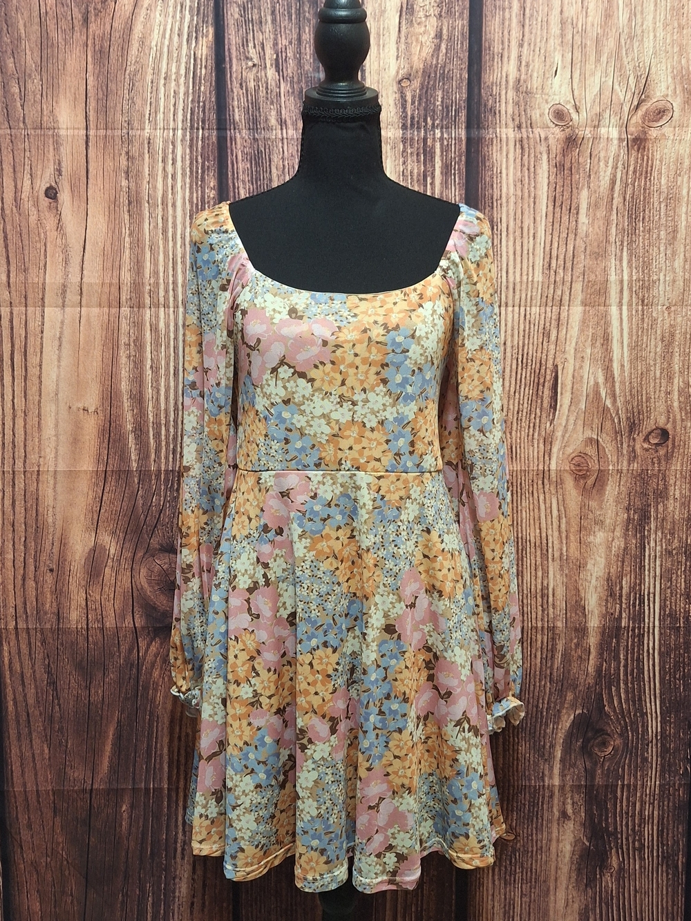 Altar'd State Pastel Floral Square-Neck Mini Dress - Pink/Blue/Yellow Size M - Picture 1 of 6